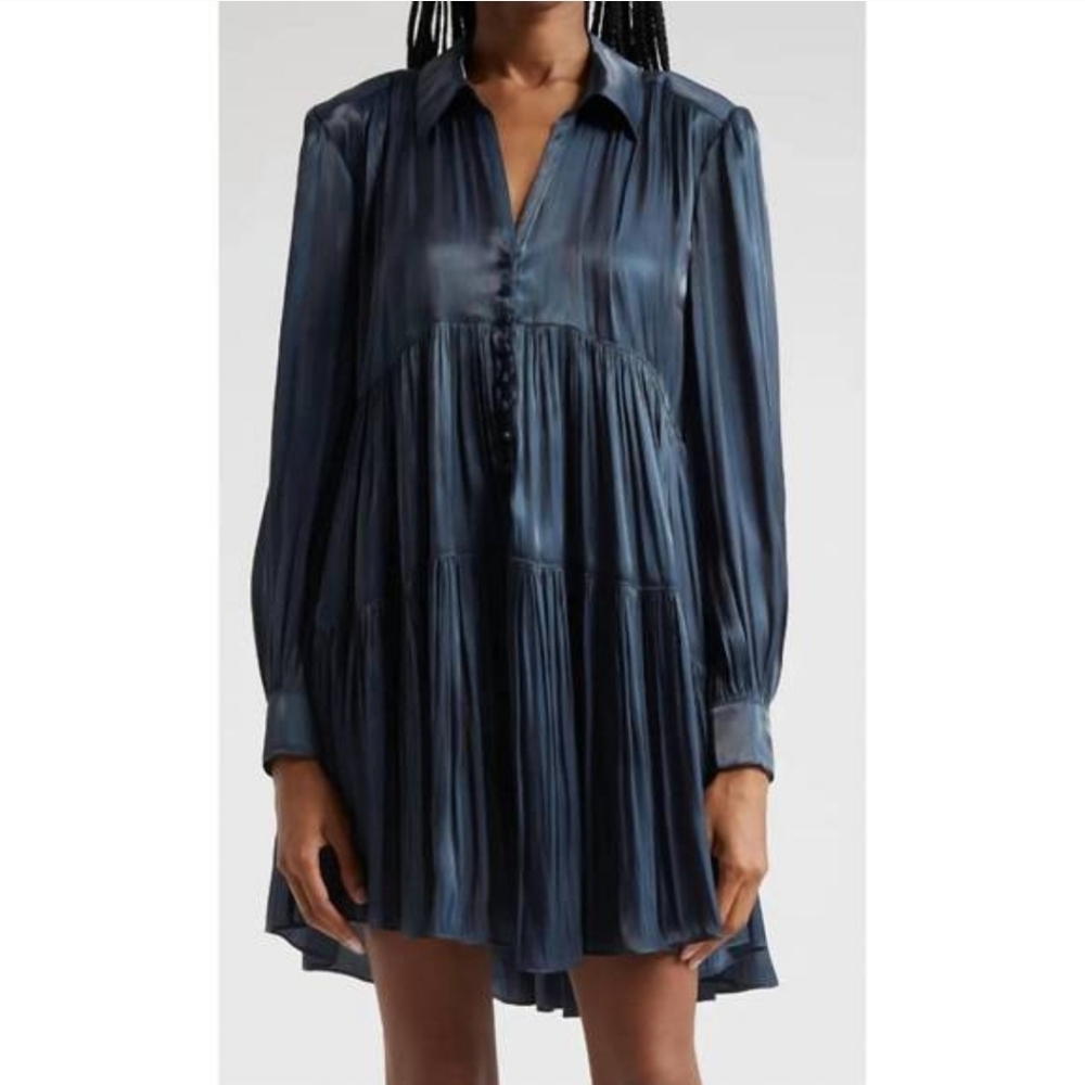 cinq a sept Navy Blue Pleated Long-Sleeve Tunic Dress